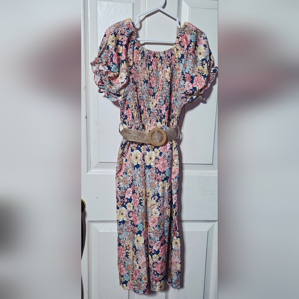 Floral Midi Dress with Belt